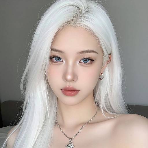 Photorealistic digital portrait of a young woman with long, straight, platinum blonde hair, blue eyes, fair skin, and pink lips, wearing a