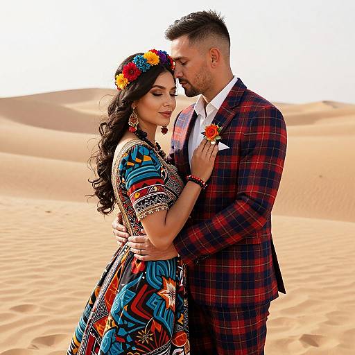 Photograph of a couple in a desert, the woman in a colorful traditional dress and flower crown, the man in a red plaid suit, kissing
