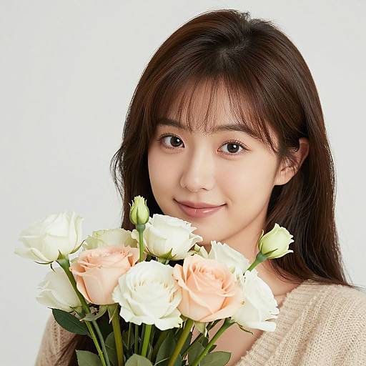 Photograph of a smiling Asian woman with long dark hair, holding a bouquet of white and peach roses against a white background.