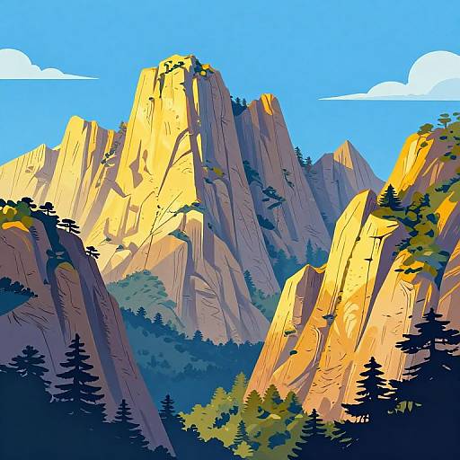 Digital illustration of towering, sunlit mountains with sharp peaks, surrounded by dark green pine trees, under a bright blue sky with white clouds. Vibrant