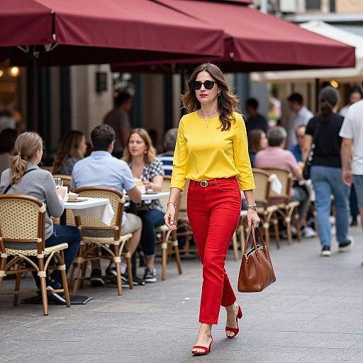 Photograph of a stylish woman in a yellow blouse, red pants, red heels, and brown handbag, walking confidently past a busy outdoor café with