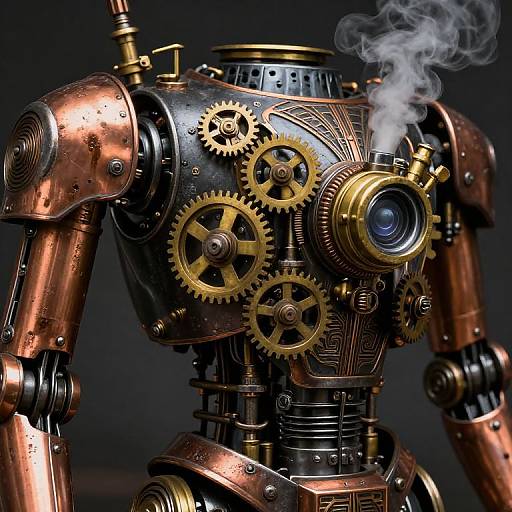 Photograph of a steampunk-style robotic figure with copper and brass gears, smoke emanating from a blue glass orb, intricate metalwork, and