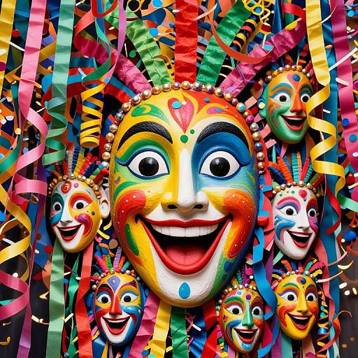 Vibrant, colorful photograph of a large, joyful clown face surrounded by smaller, similarly painted clown faces amidst a chaotic mix of multicolored rib
