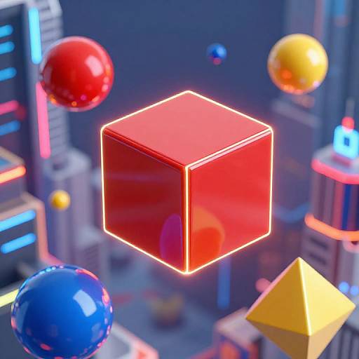 Digital CGI image of a glowing red cube floating among colorful, glossy spheres (red, blue, yellow) in a neon-lit futuristic cityscape.