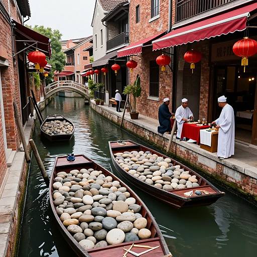 Photograph of a narrow, brick-lined canal in China, featuring three wooden boats filled with white and gray pebbles, red lanterns, and