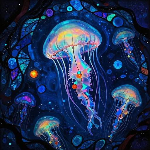 Vibrant digital artwork of colorful jellyfish with glowing orbs and bubbles in a dark blue, star-filled underwater scene.