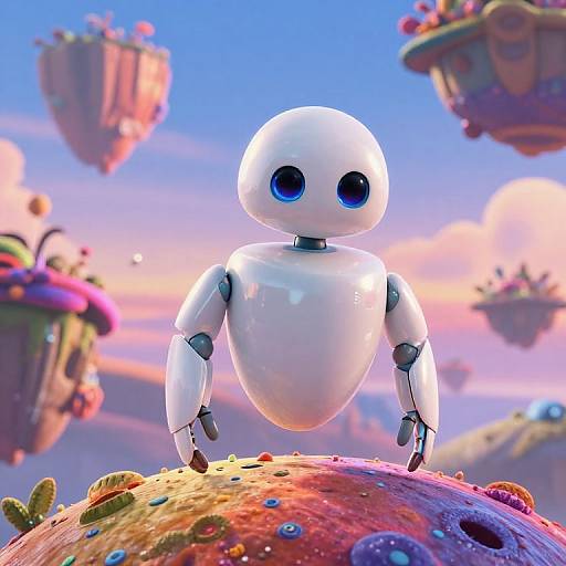CGI image of a cute white, blue-eyed robot with jointed arms standing on a colorful, textured planet with floating, flower-decorated islands