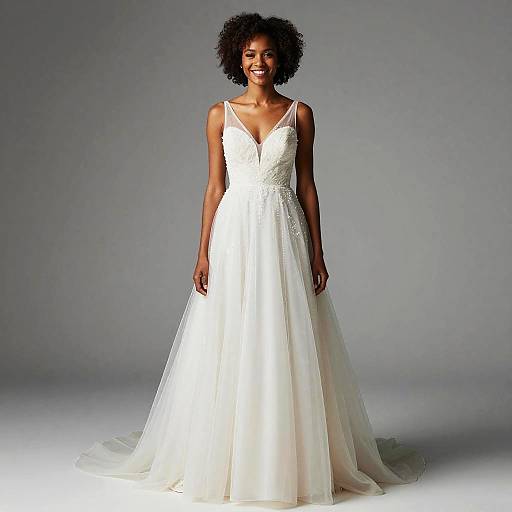 Photograph of a smiling African-American woman with natural curly hair, wearing a white, sleeveless, V-neck, lace-embellished wedding gown
