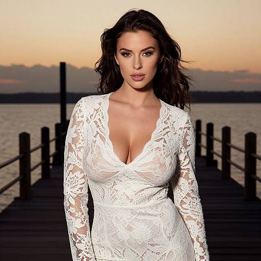 Photograph of a woman with long dark hair, wearing a white lace, deep V-neck dress, standing on a wooden pier at sunset with a calm