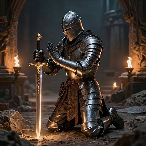 Photorealistic digital art of a knight in shiny, reflective armor kneeling before a glowing sword, surrounded by dimly lit candles in a dark, stone