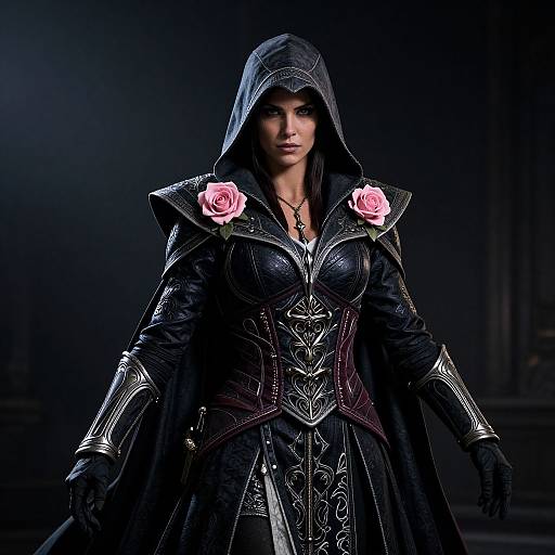 Photograph of a dark-haired woman in a black hooded cloak with pink roses on her shoulders, wearing an ornate, black, Victorian-style armored