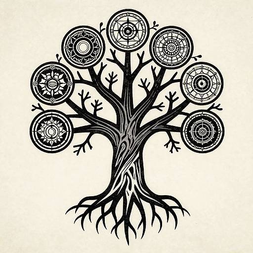 Black ink drawing of a tree with intricate, circular, patterned leaves and detailed roots on a white background.