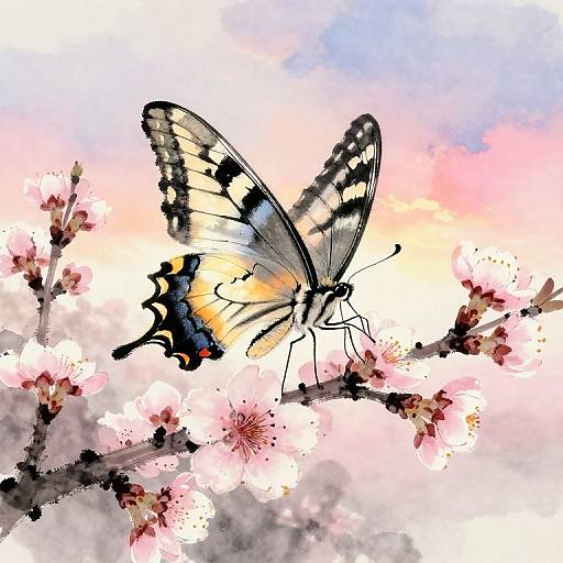 Watercolor-style digital artwork of a black and yellow butterfly perched on pink cherry blossoms against a pastel sky gradient.