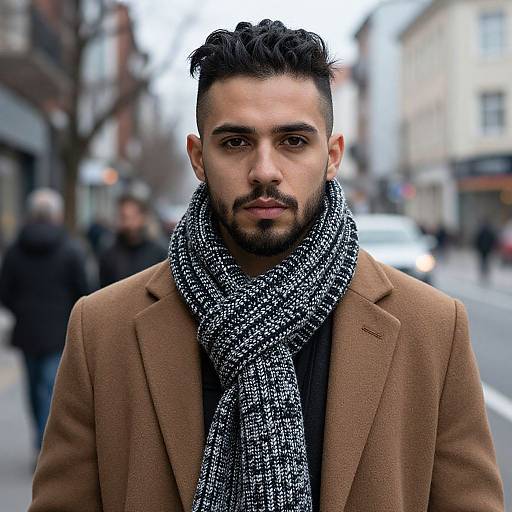 Photograph of a bearded man with dark hair, wearing a brown coat and black-and-white patterned scarf, standing on a blurred urban street.