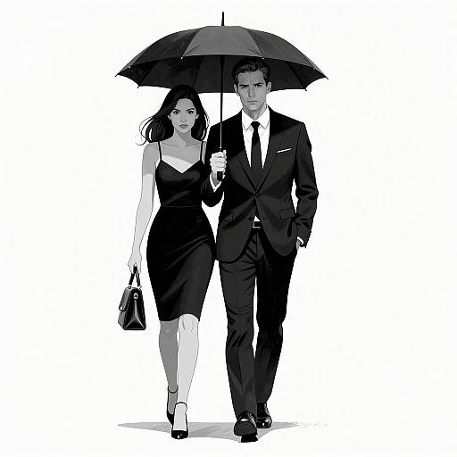 Black and White Illustration of Elegant Couple with Umbrella