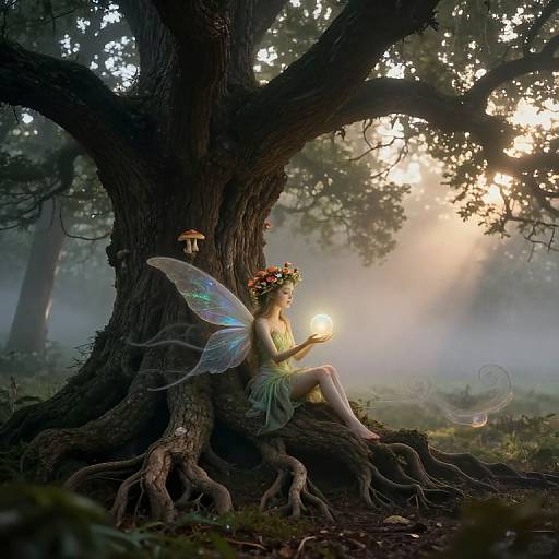 Photograph of a fairy with iridescent wings, floral crown, and green dress, sitting on a tree trunk in a misty forest, holding