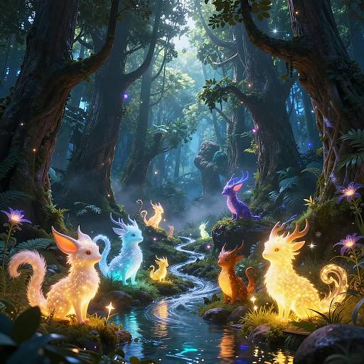 Fantastical forest scene with glowing, ethereal creatures with vibrant flames along a misty stream; enchanted forest illuminated by bioluminescent flora and