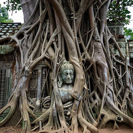 Photograph of a serene, stone Buddha head partially enveloped by large, intricate tree roots, set against an ancient, weathered stone wall.