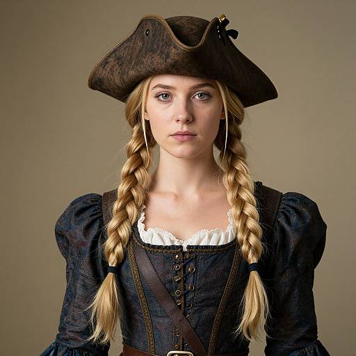 Photograph of a young blonde woman with braided hair, wearing a dark brown tricorn hat and black Renaissance-style dress, against a plain beige background