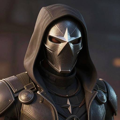 Photograph of a masked character in black leather hooded armor with a white star on the mask, set against a dark, blurred background.