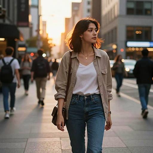 Photograph of a brunette woman with shoulder-length hair, wearing a beige jacket, white tee, and blue jeans, walking in a bustling city street at