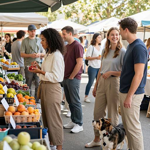 Photograph of diverse group at outdoor farmer's market, featuring smiling woman in white shirt and beige pants, talking to man in navy shirt, surrounded by