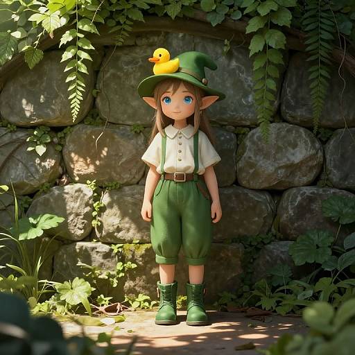 Digital artwork of a cute, blue-eyed, elf-like child with green outfit, pointed ears, and a yellow duck hat, standing in a sunlit