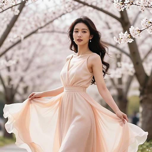 Photograph of a beautiful Asian woman with long black hair, wearing a flowing, pale pink, sleeveless dress, standing in a sunlit cherry blossom