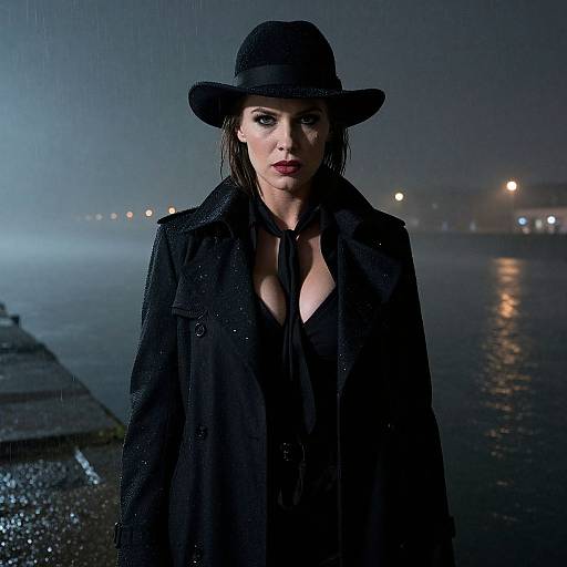 Moody photograph of a woman with pale skin, dark hair, and intense gaze, wearing a black hat and coat, standing by a rainy, fog