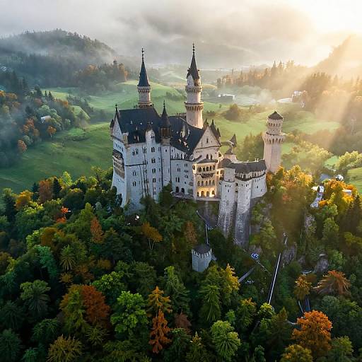 Photograph of a majestic, white, medieval-style castle with multiple towers, surrounded by lush green and autumn-colored forests, bathed in golden sunlight.