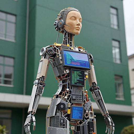 Photograph of a humanoid robot with exposed wires and blue screens, standing in front of a green modern building.