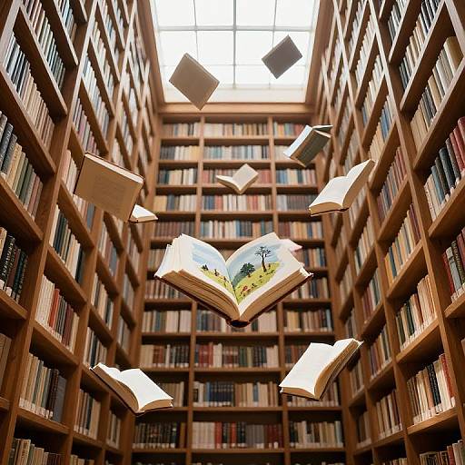 Photograph of a library with floating open books, surrounded by towering wooden bookshelves filled with colorful books, under a skylight.