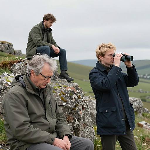Men in Rocky Grassy Landscape Scene