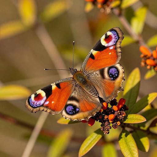 Photograph of a vibrant orange and black butterfly with blue and white eye spots, resting on red and orange berries against a blurred green and yellow leafy