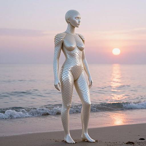 Photograph of a silver, scale-patterned humanoid statue standing on a beach at sunset, with gentle waves and a pink-orange sky.