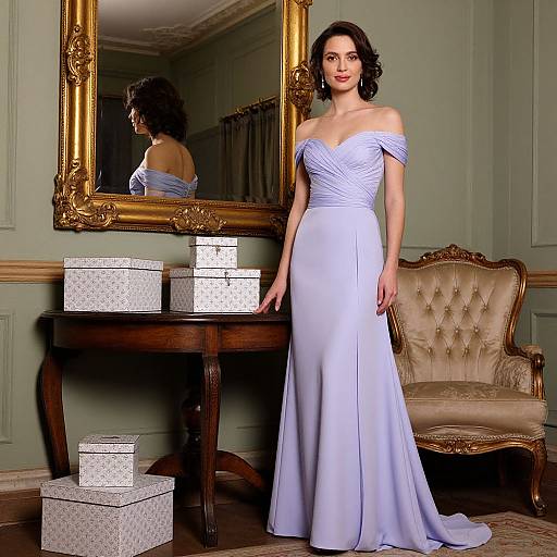 Photograph of a woman in a light blue off-shoulder evening gown, standing in front of an ornate gold mirror, with vintage furniture and