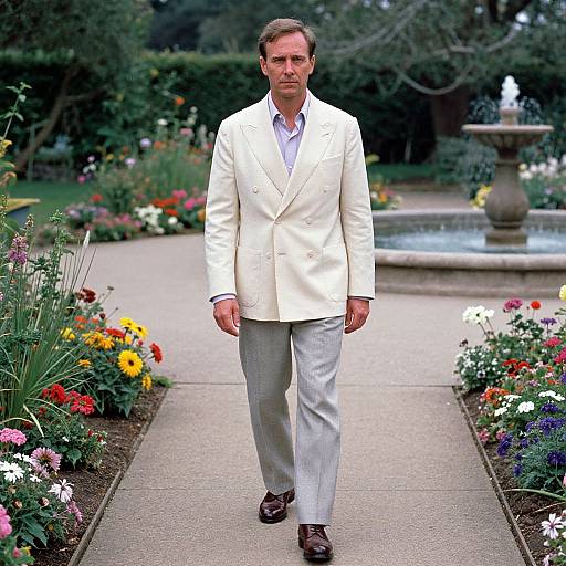 Photograph of a middle-aged man in a white blazer, light gray pants, and brown shoes walking through a vibrant garden with colorful flowers and a