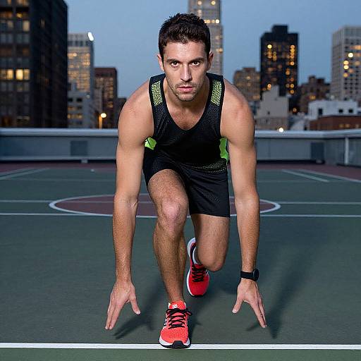 Photograph of a muscular, tan-skinned man with short dark hair, wearing a black tank top, black shorts, and red sneakers, doing a