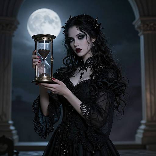 Gothic-style photograph of a pale, dark-haired woman with heavy makeup, wearing a black lace dress, holding an hourglass, against a moon