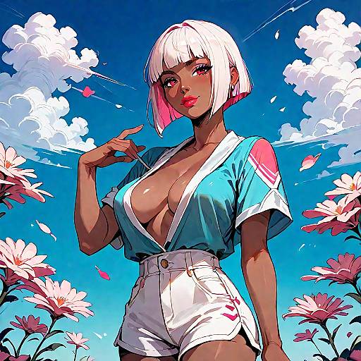 Digital anime-style illustration of a dark-skinned woman with white bob haircut, large breasts, blue top, white shorts, standing in a field of pink