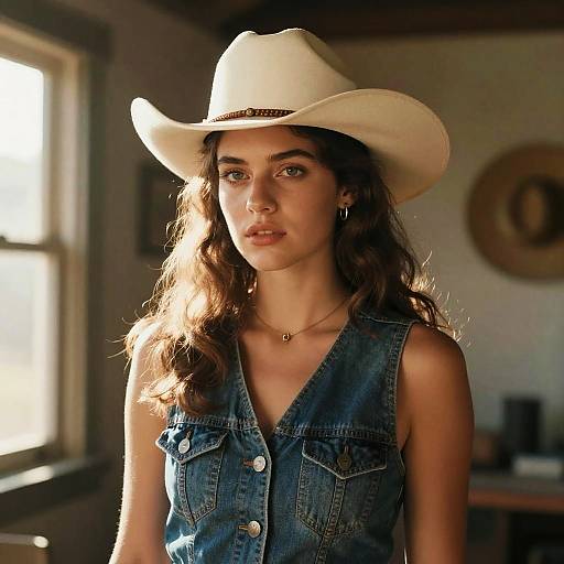 Photograph of a young woman with wavy brown hair, wearing a white cowboy hat, denim sleeveless vest, and hoop earrings, standing in a