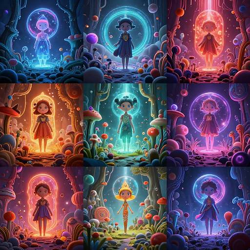Digital artwork of four colorful panels featuring glowing, stylized children in dresses surrounded by vibrant mushrooms, bubbles, and neon circles in a whimsical, fantasy