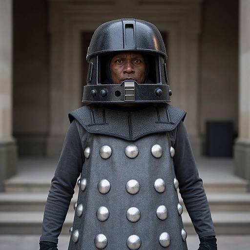 Photograph of a serious Black man in medieval-style armor with silver buttons, black helmet, and long-sleeve shirt, standing in front of a