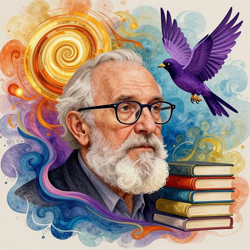 Illustration of an elderly white man with white beard and glasses, surrounded by colorful swirls, books, and a purple crow.