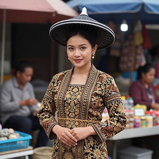 Photograph of an Asian woman with dark hair in an ornate, gold-patterned traditional dress and black conical hat, smiling at a market stall