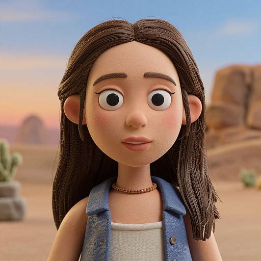 CGI cartoon girl with large eyes, brown hair, denim vest, white tank top, brown necklace, standing in a desert with cacti and