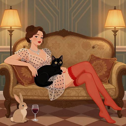 Elegant Woman Reclining on Ornate Couch with Black Cat