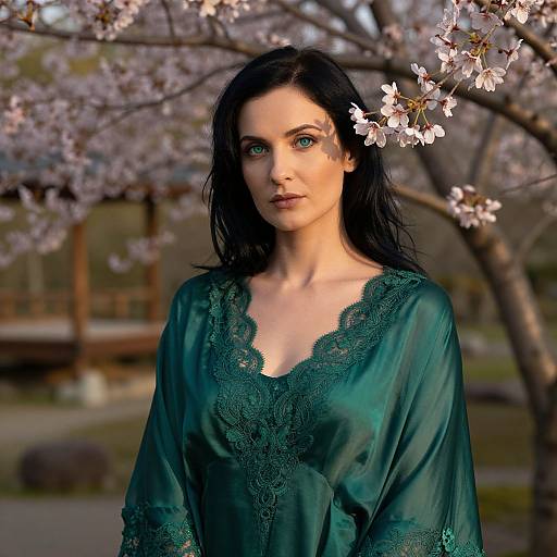 Photograph of a pale-skinned woman with long black hair, wearing a green lace-trimmed blouse, standing under blooming cherry blossoms in