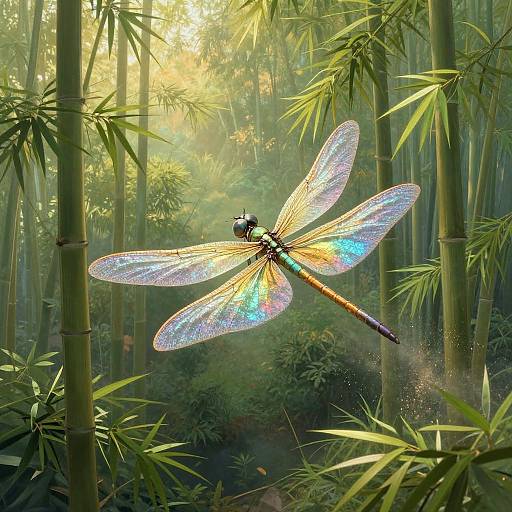 Photograph of a vibrant, iridescent dragonfly with rainbow-colored wings, hovering in a sunlit bamboo forest, surrounded by lush green foliage.