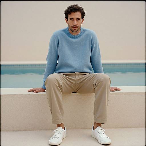 Photograph of a man with dark curly hair, light beard, wearing a light blue sweater, beige pants, and white sneakers, sitting on a white